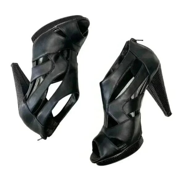 Expression Chunky Platform Caged High Heel Y2K Shoes Black Faux Leather Size 7 - Picture 15 of 16